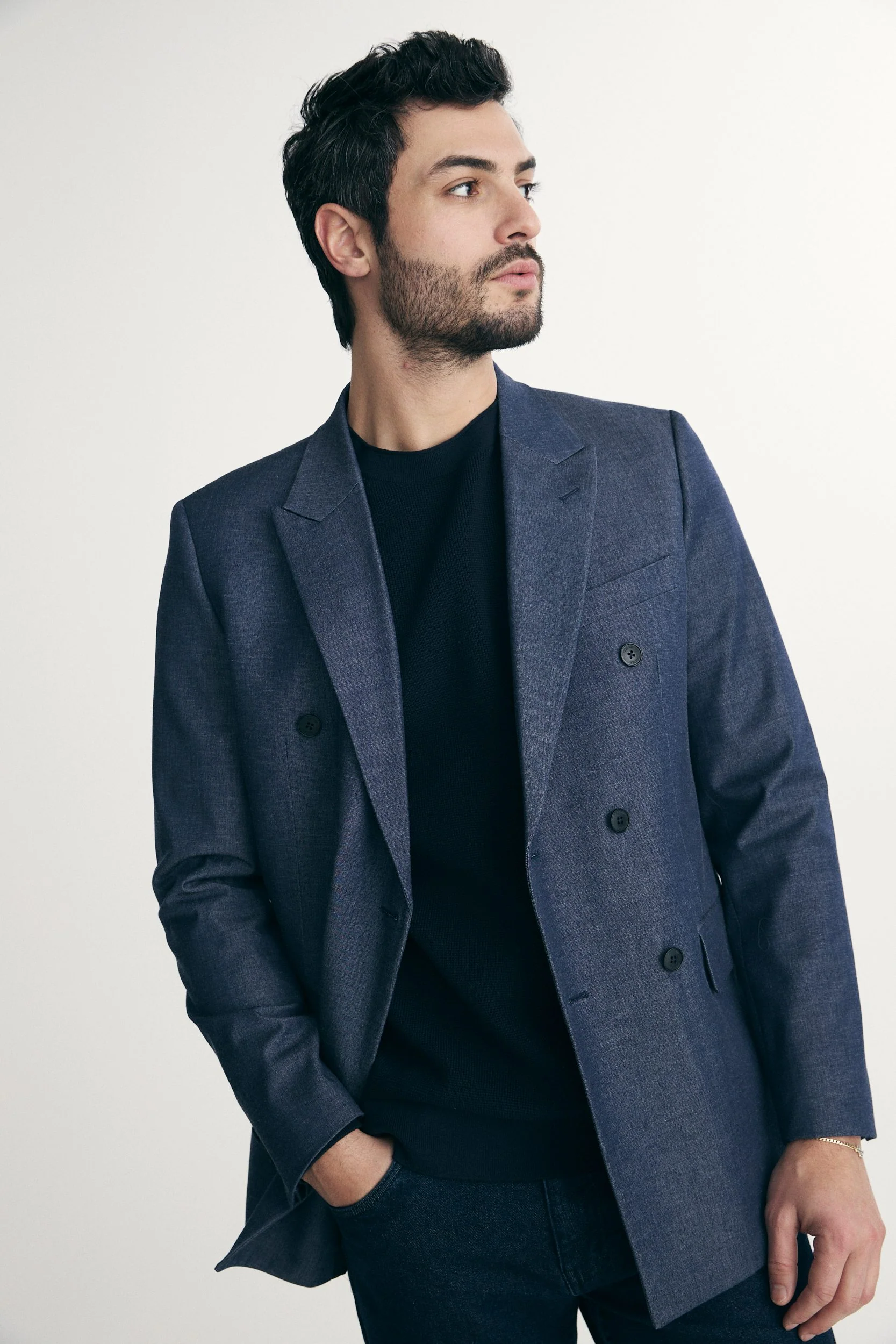 Denim-look double-breasted fitted blazer - Image 3