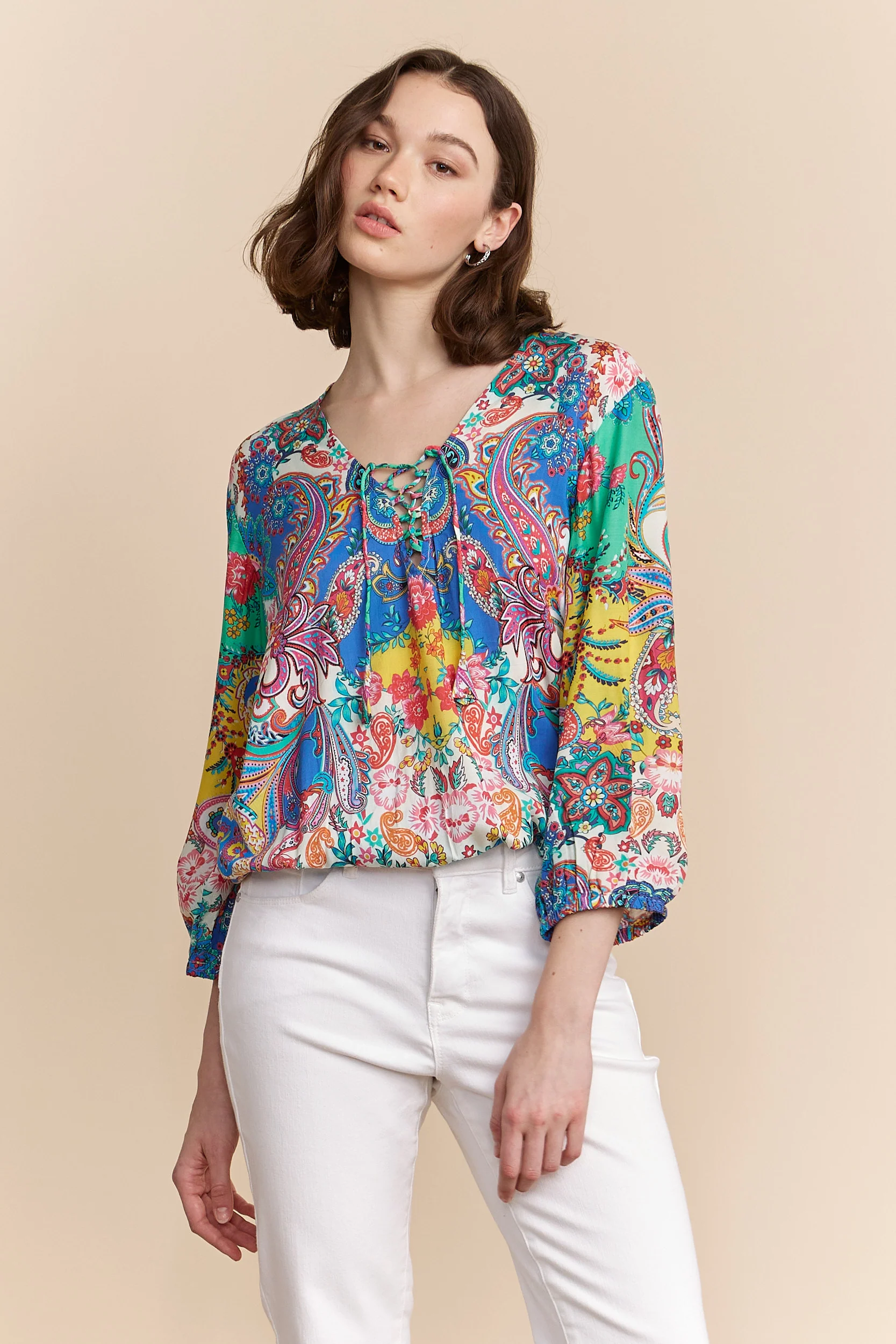 Paisley print lace-up blouse