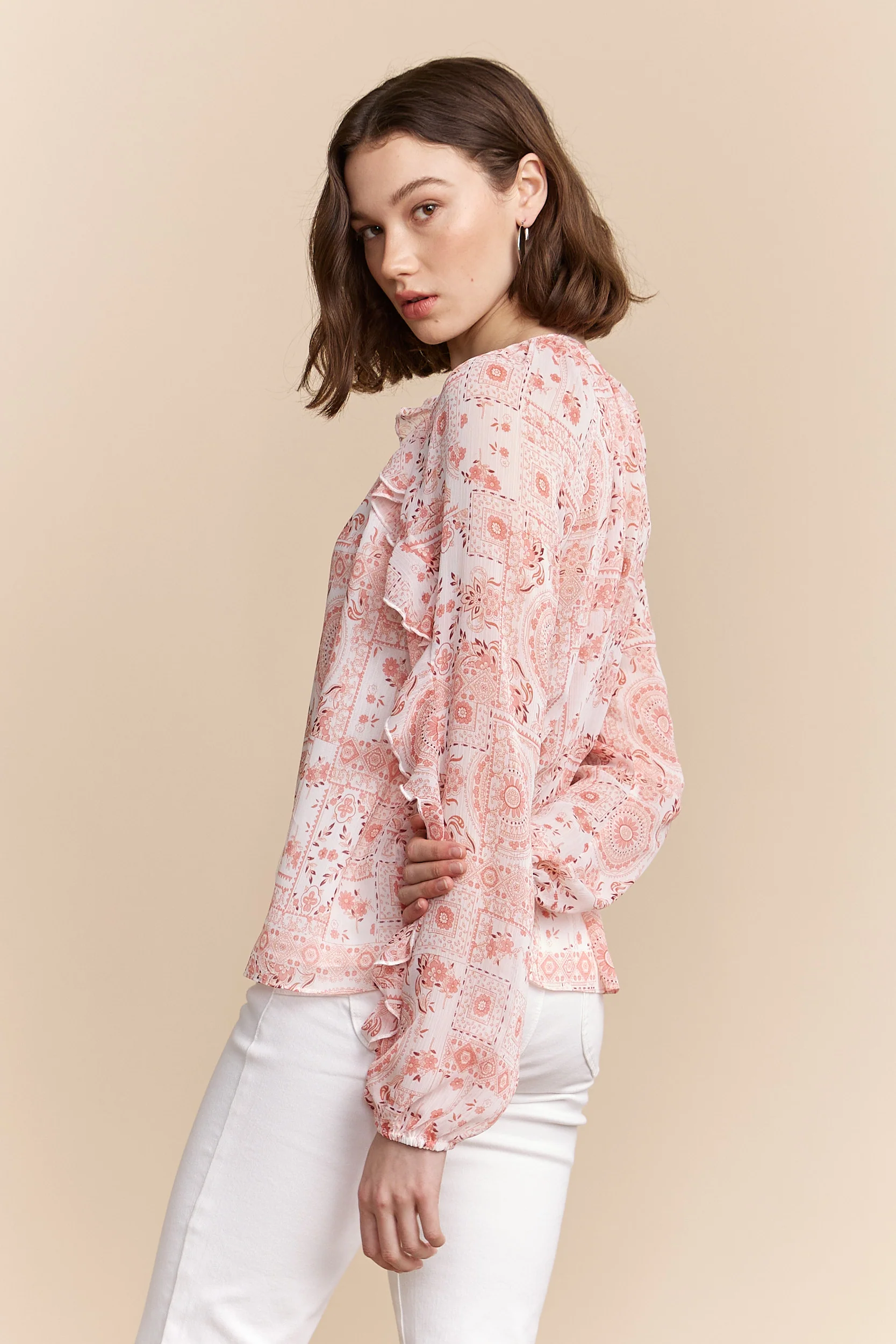 Printed blouse with frills and tie - Image 2
