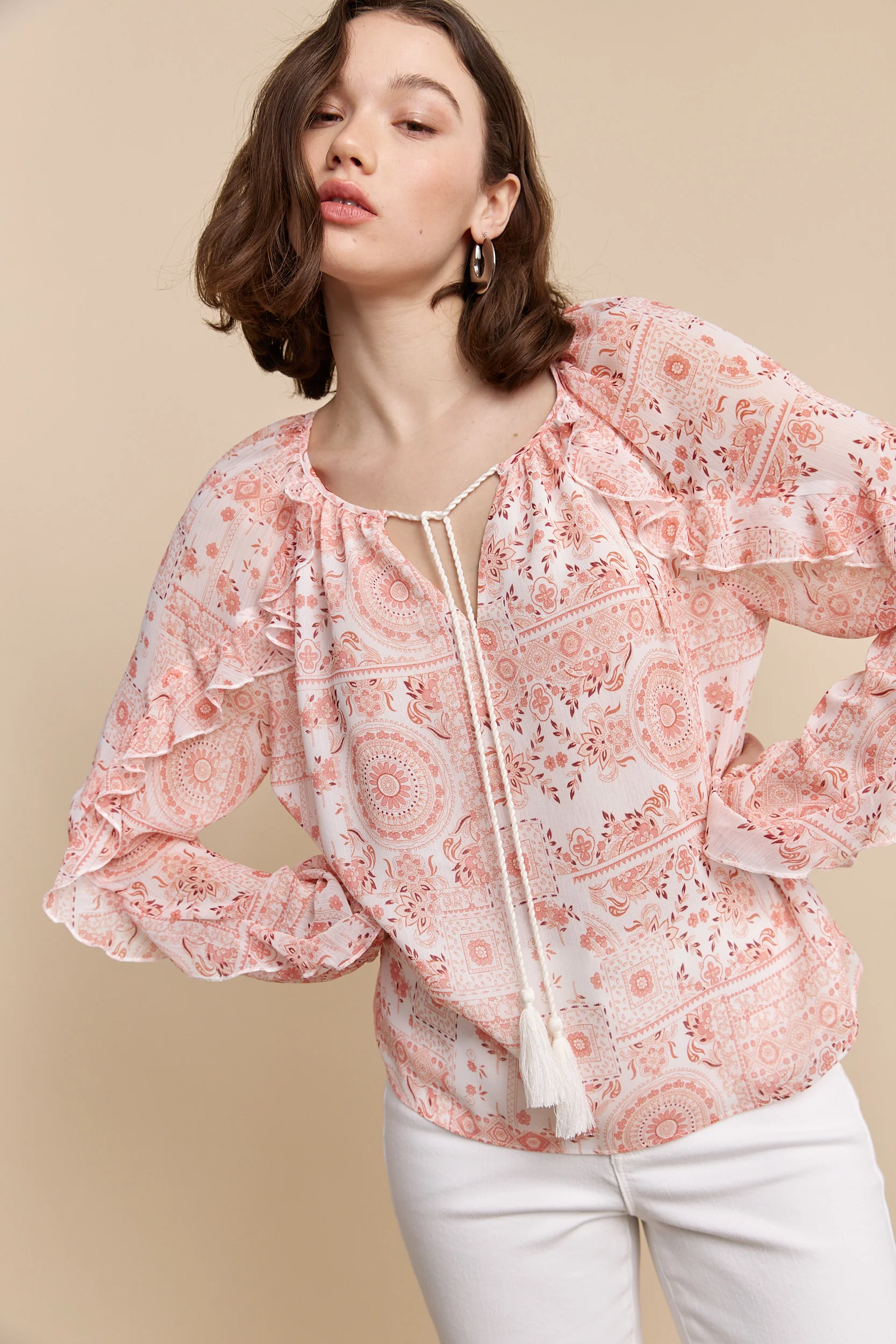 Printed blouse with frills and tie - Image 4