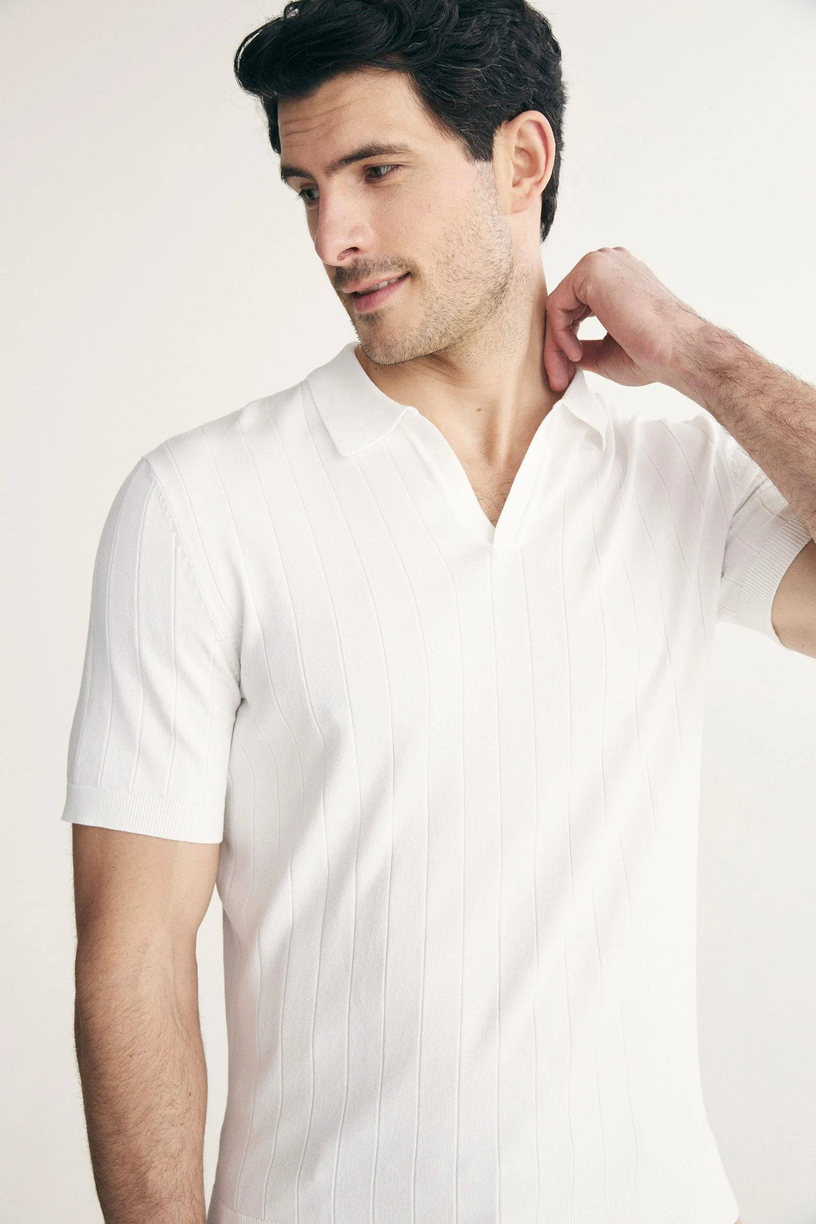 Rib knit johnny collar polo