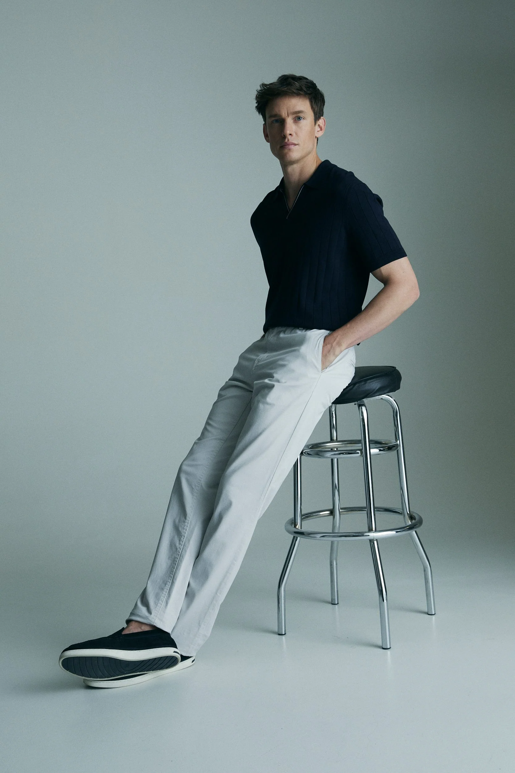 Rib knit johnny collar polo - Image 3
