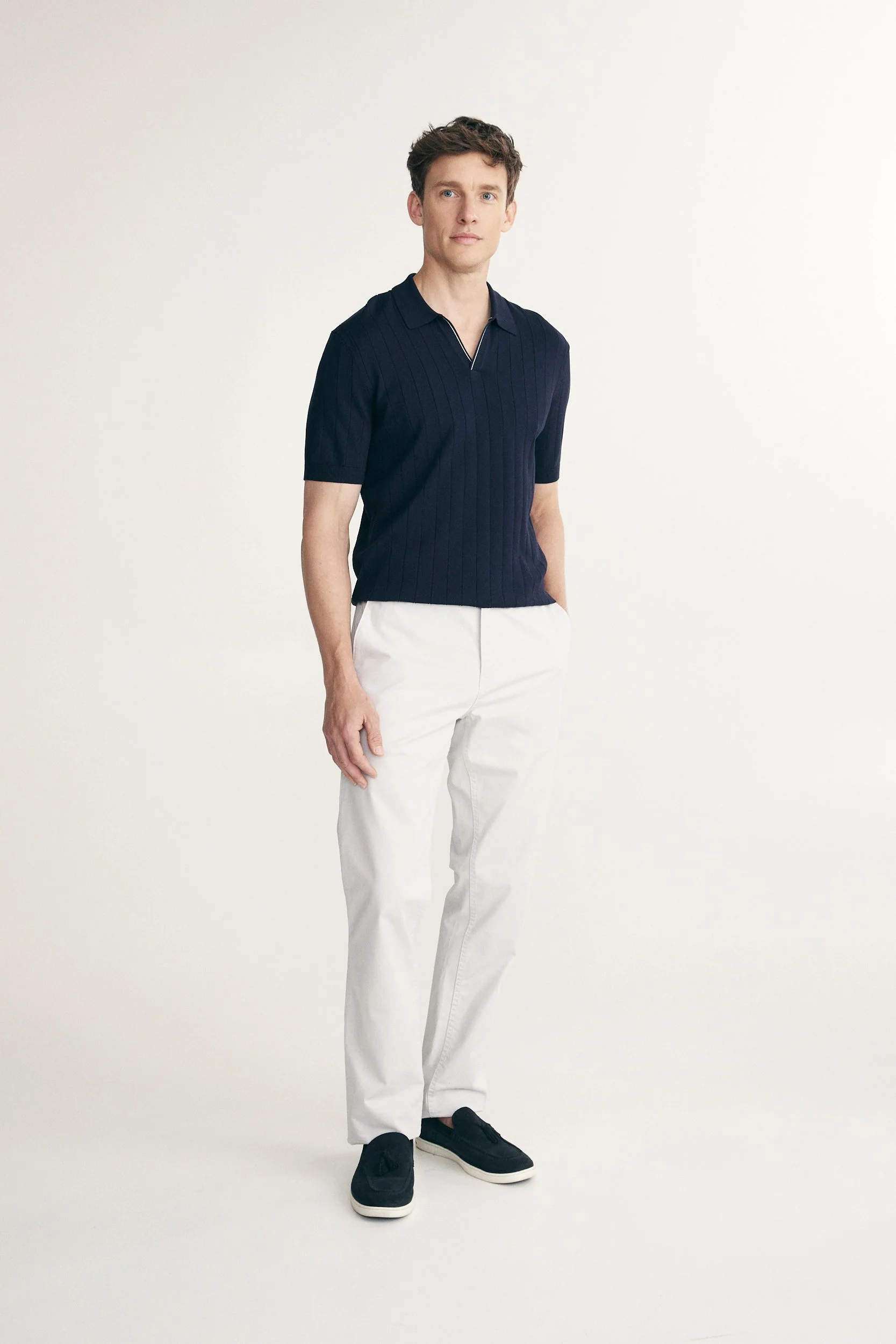 Rib knit johnny collar polo - Image 5